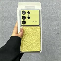 Premium PU Leather Litchi Pattern Phone Case with Large Window Glass Lens Protection - Galaxy S26+ (Yellow)
