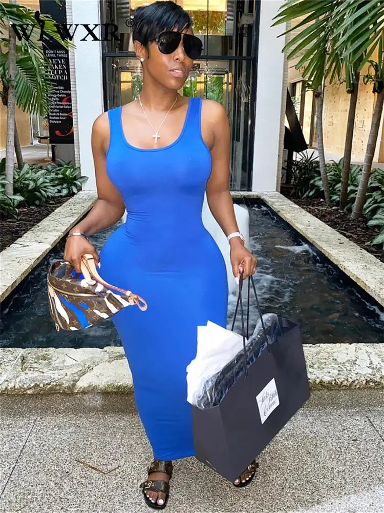 

WLWXR Summer Streetwear Solid Bodycon Dresses For Women 2023 Black Square Collar Sleeveless High Waist Maxi Dresses Casual Dress