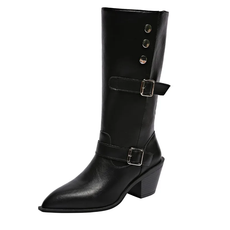 Pointed Toe Women High Boots Knee High Chunky Fashion Heeled Shoes New Trend 2025 Winter Pumps Goth Woman Chelsea Botas Mujer