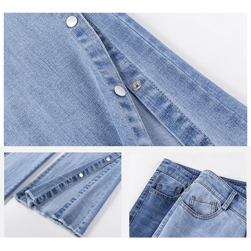 High Waist Flare Jeans Light Blue Denim Trousers Long Pants Lady Spring Single-Breasted Side Slit Slim Jeans Women Korea Fashion