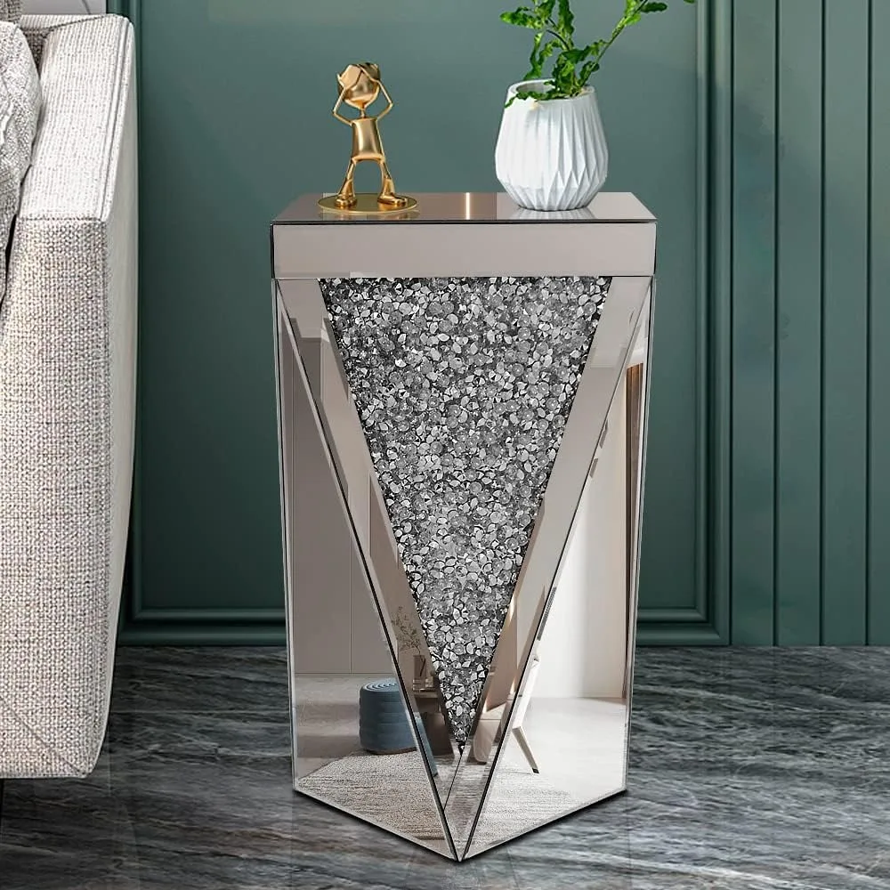 Silver Mirrored End Table, Crystal Inlay Side Table Accent Table, Small Mirrored Coffee Table for Living Room 4