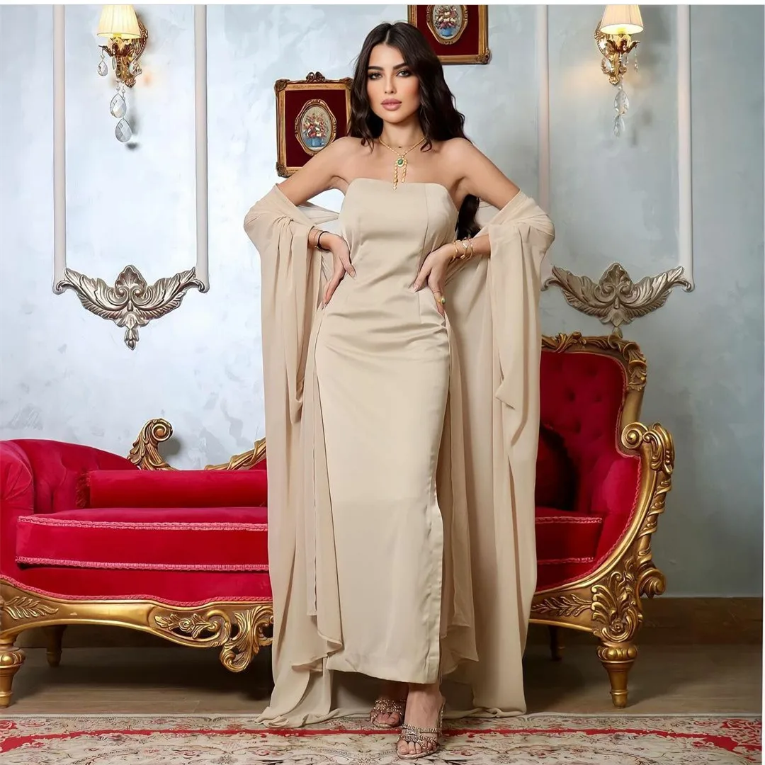 

Elegant Long Strapless Chiffon Evening Dresses Sheath Champagne Muslim Pleated Ankle Length Prom Formal Dress for Women