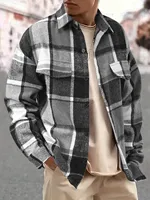 Chemise en flanelle à carreaux pour homme, chemise boutonnée à manches longues, style décontracté printemps-automne, veste à carreaux coupe ample pour 5