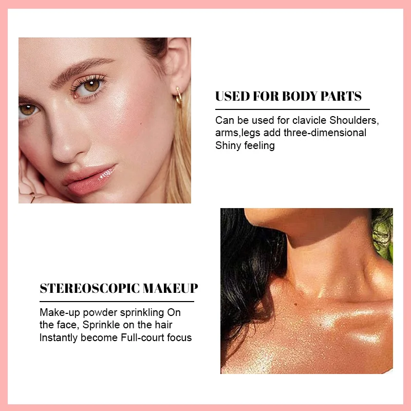 Body Glitter Highlighter Pigment Makeup 3 color High Gloss Sparkle Loose Powder Sparkle Patting Powder for Hair Face Eyes Lip 3