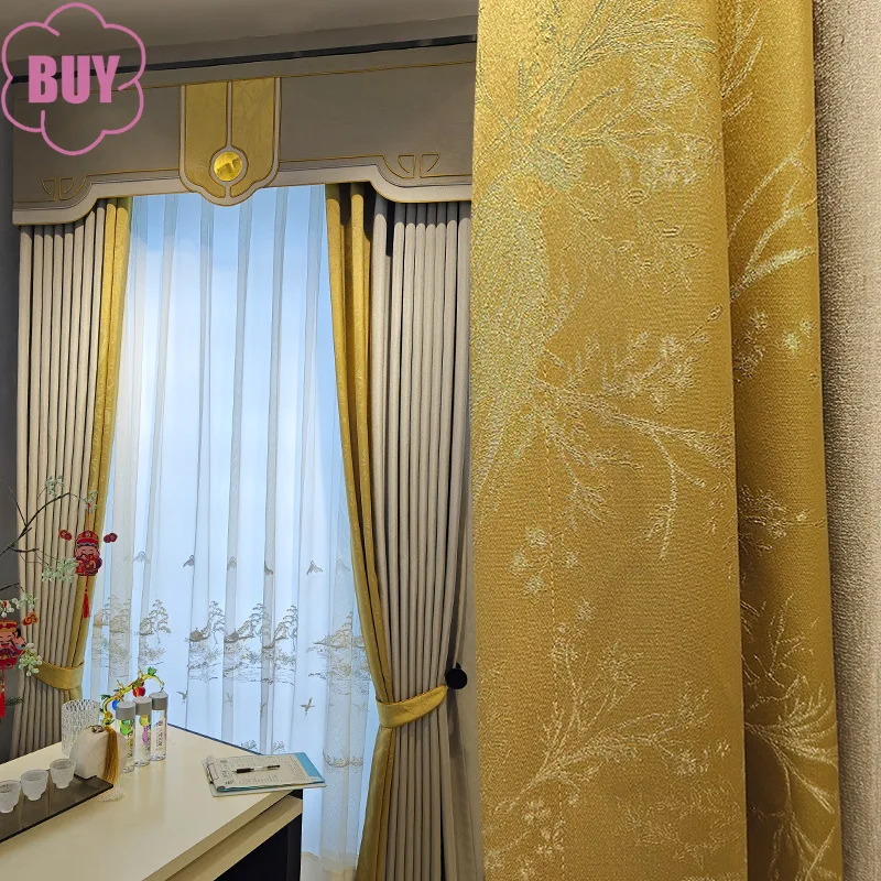 

New Chinese Style Landscape Jacquard Gold Gray Splicing Screen Thickened Curtains for Living Room Bedroom French Window Balcony