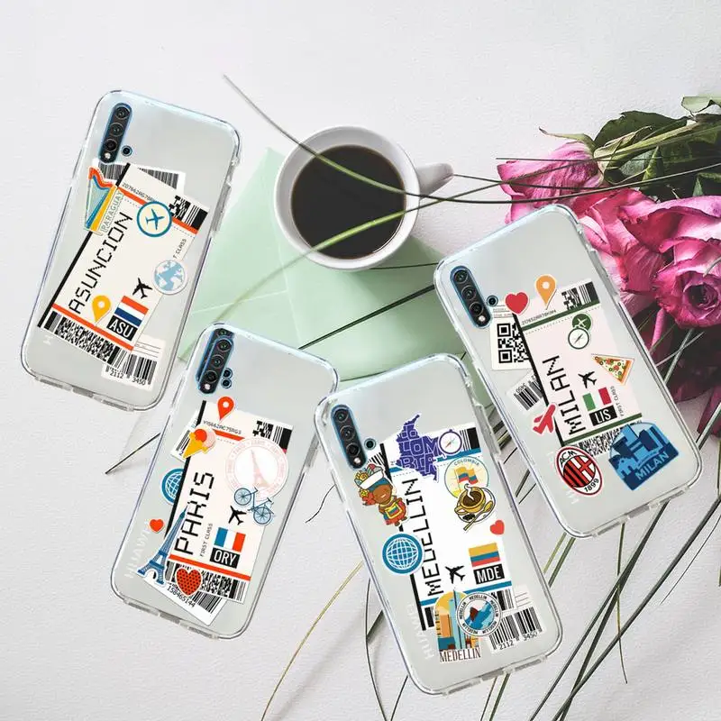 Air Ticket City Usa London Paris Custodia Da Viaggio Per Huawei Honor P Mate Y 30 40 20 50 8 70 10 9 A I X C Pro Lite Prime Smart