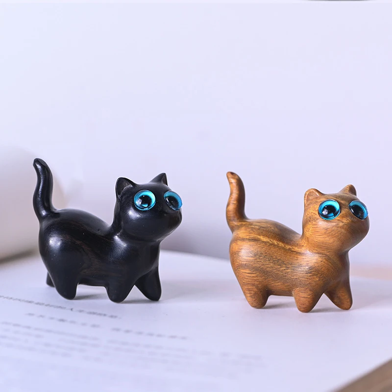 緑白檀招き猫フィギュアデスクトップ飾り、木製動物像、かわいい