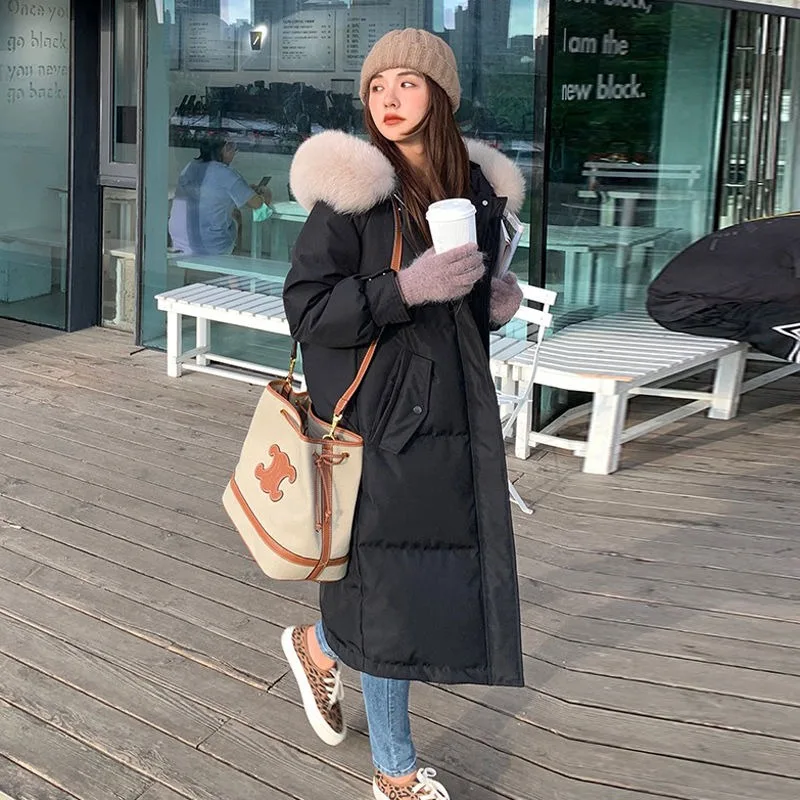 2023 New Women Down Cotton Coat Winter Jacket Female Mid Length Version Parkas Thick Warm Outwear Hooded Fur Collar Overcoat