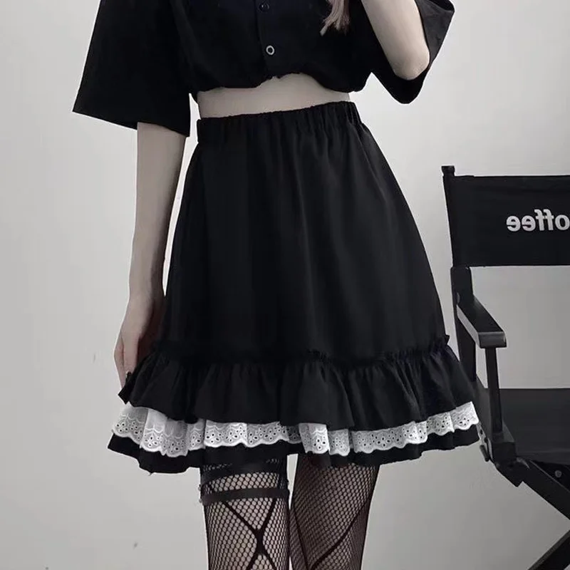 HOUZHOU Mall Goth Gothic Lace Ruffle Mini Skirts Womens Harajuku