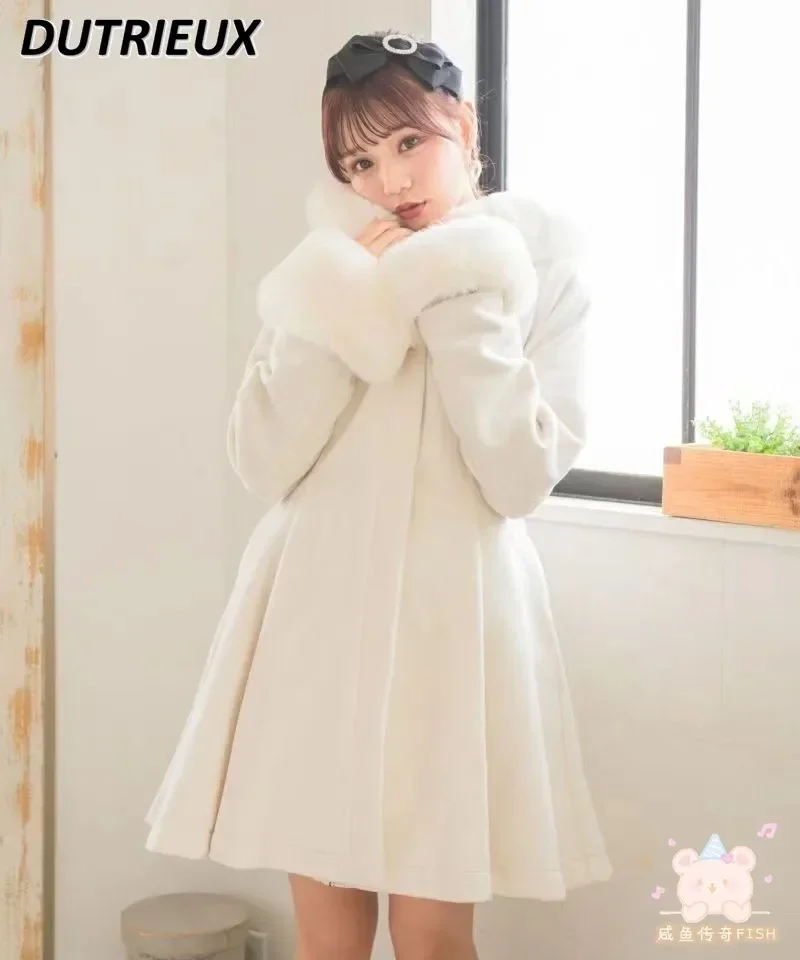 Rojita Winter Big Fur Collar Long Sleeve Exquisite Socialite Bow Hooded Wool Coat Sweet Cute Long Woolen Coat Jacket for Women