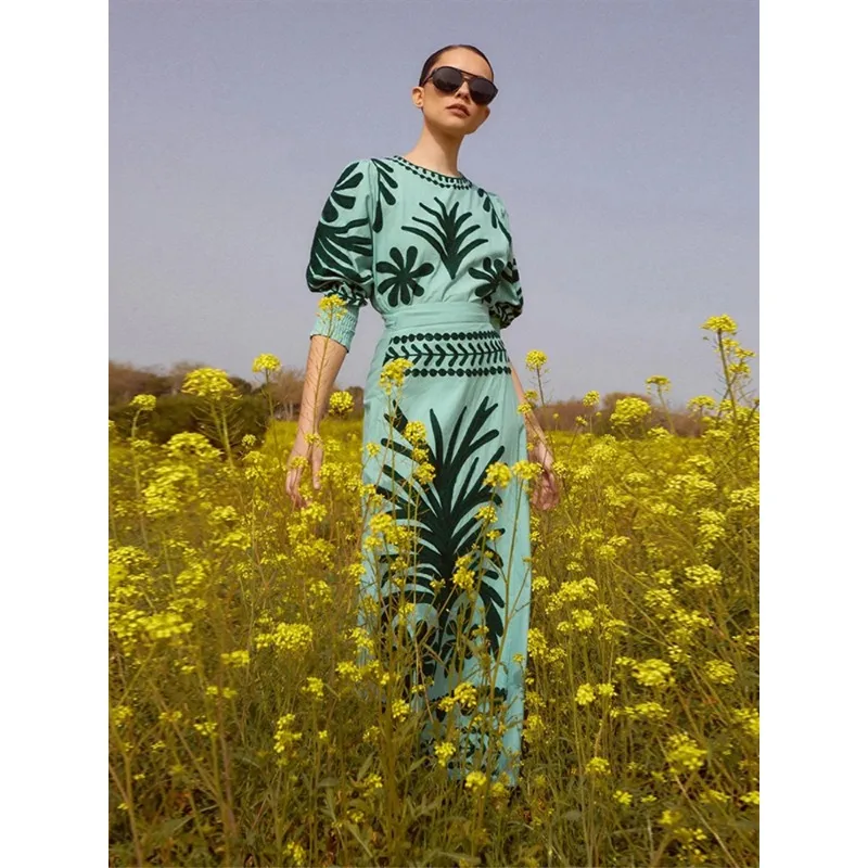 Elegant Print Women Wrap Waist Pure Cotton Long Skirt Set Chic O Neck Long Puff Sleeve Ruffles Top Suit Summer 2024 Lady Outfit