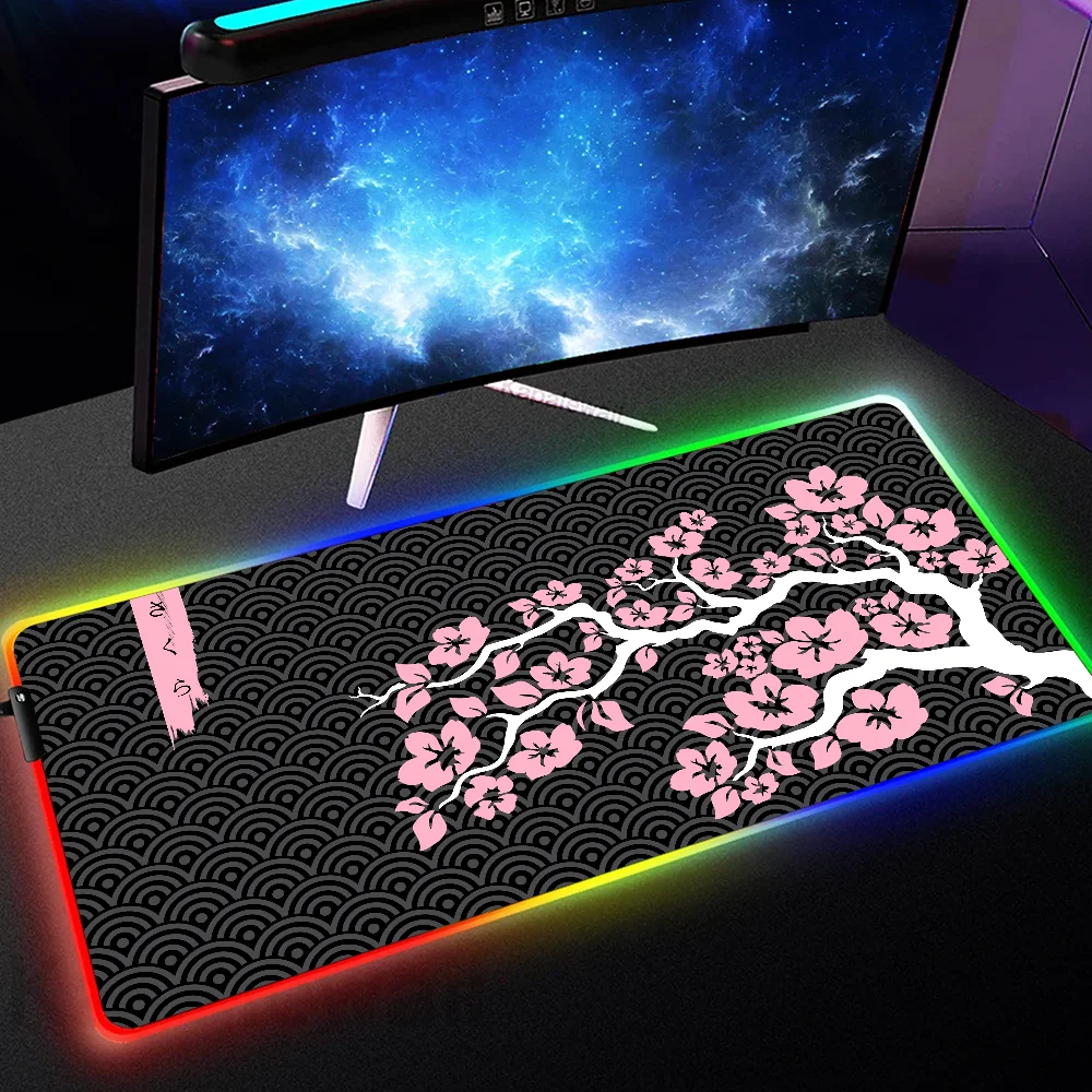 

Sakura Play Mats RGB cherry Mousepad Cartoon Gamer Chinese painting Mouse Pad LED Big Keyboard PC Mat Backlight HD Notebook Pads