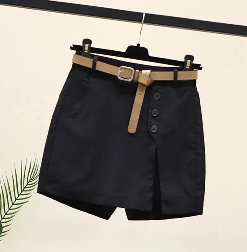 Chic Shorts Frauen Gürtel Koreanische Feste Tasten Seite Schlitzte A-line Streetwear Fashion Röcke Chic Harajuku Sommer Lose Hosen – Detail 2