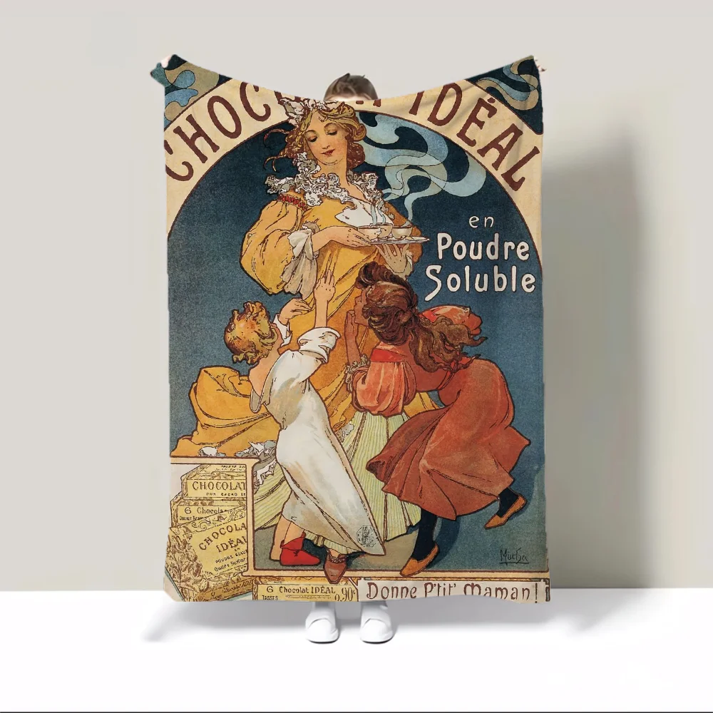 Alphonse Mucha 따뜻한 담요, 푹신하고 부드러운 담요, 캐릭터 홈 인테리어, 럭셔리 침구, 비치 타올, 니트 격자 무늬