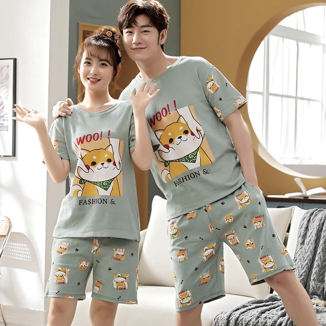 Couple Pajamas Sets Cartoon Shiba Inu Women Pijama Cotton Korean Men  Sleepwear Short Sleeve Lovers Night-Clothes 2PCS Nightwear - AliExpress