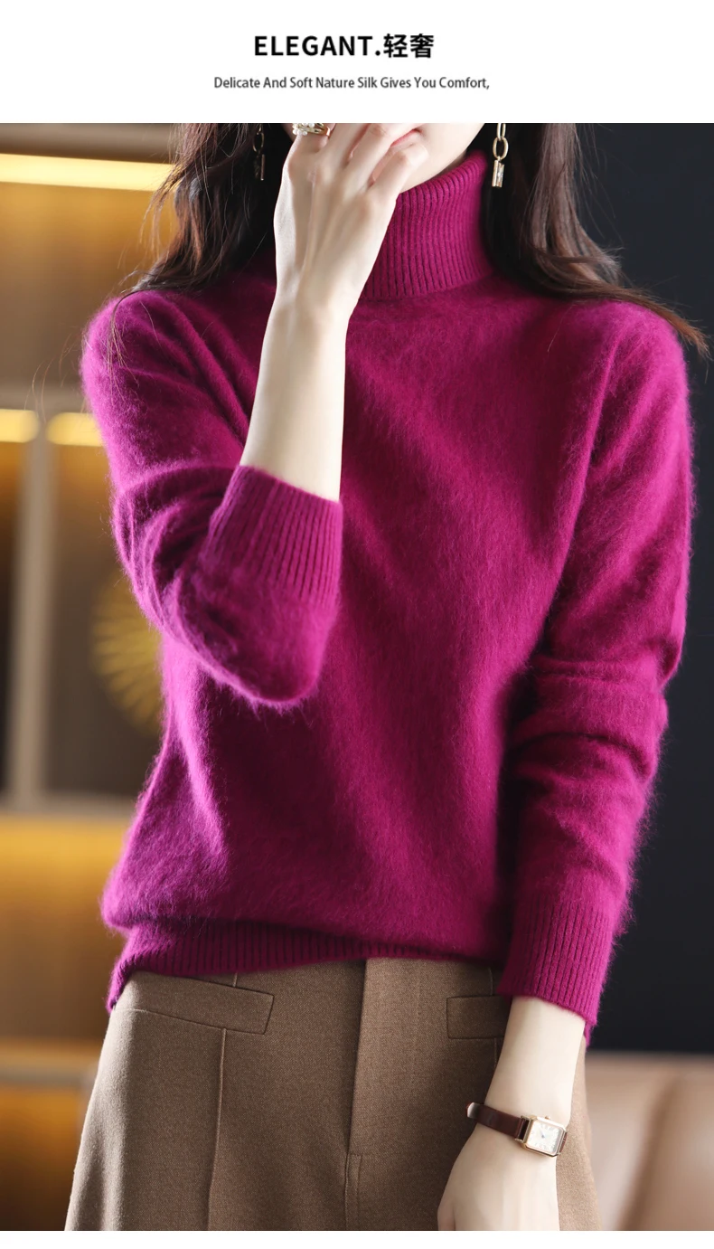 Winter Women's Sweater High Neck Pullover Mink Cashmere Knit Long Sleeve Warm Solid Color Fashion Warm Loose 2023 New Bottom Top