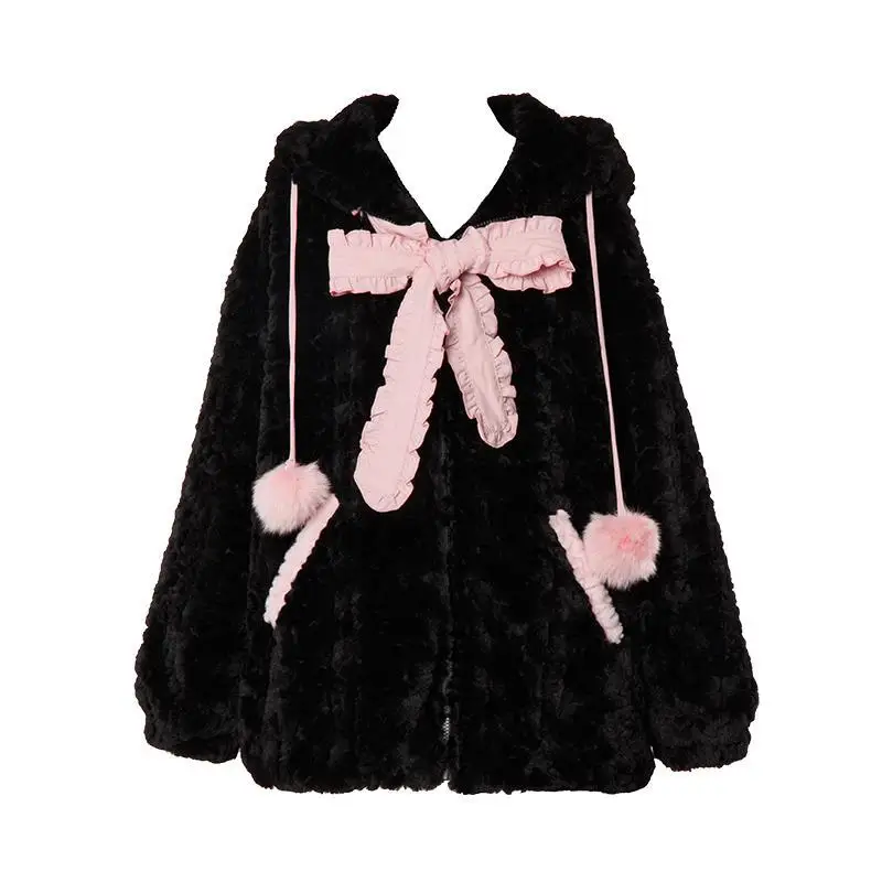 Bodysuit Black Tie Bowknot Cute Loose Goth Coat Y2k Style Kawaii Winter Clothes WomenHarajuku Little WildCat Hoodies Women