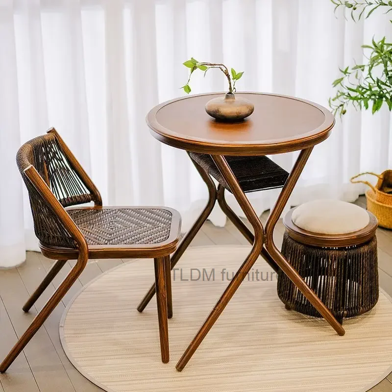 

Balcony Table And Chair Rattan Walnut Simple Retro Chinese Style Leisure Bar Combination Outdoor Storage Tea Table Rattan Stool