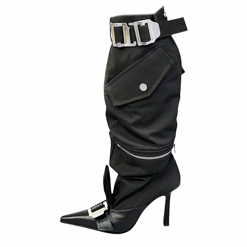 

MKKHOU Fashion Knee length Boots Women's New High Quality Pointed Spliced Belt Buckle Bag Boots Modern Long Boots