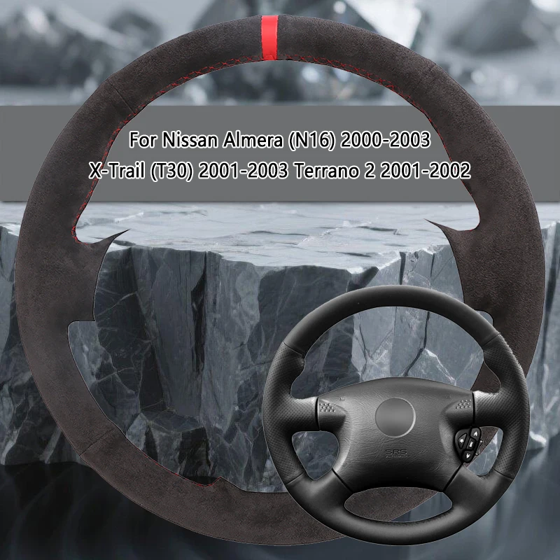 Coprivolante per auto in pelle nera, per Nissan Almera (N16) 2000-2003 X- Trail (T30) 2001-2003 Terrano 2 2001-2002 Coprivolante per auto cucito a mano