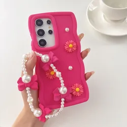 Elegant Flower Pearl Chain Wave Phone Case Cover - Honor X5d (Rose Red)