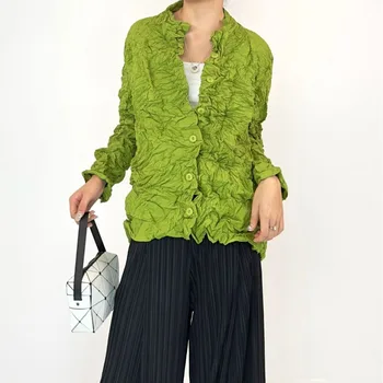 Miyake Pleated Autumn New Long Sleeved Vintage Jacket Women's Tops Handmade Pleated Standing Neck Premium Coat