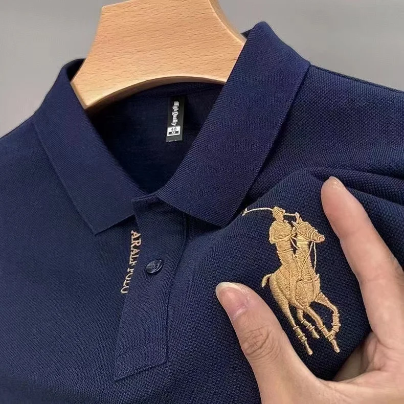 

2024 Summer Special Men's Lace up Hollow Short Sleeve ige Polos Shirt Ice Cream Silk Breathable Business Fashion Brand Clothing