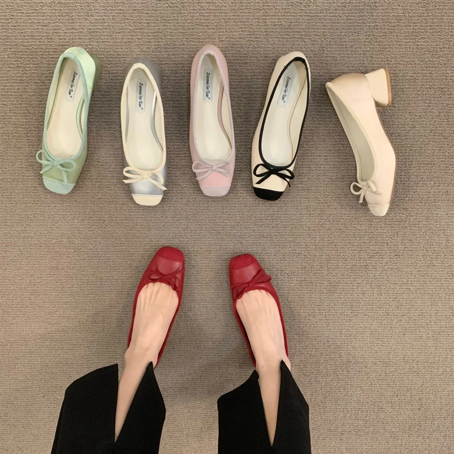 

2023 Square Toe Bow Low Heels Shoes Shallow Mouth Casual Shoes Women Flats Fashion Colored Soft Leather Ballet Shoes Mujer