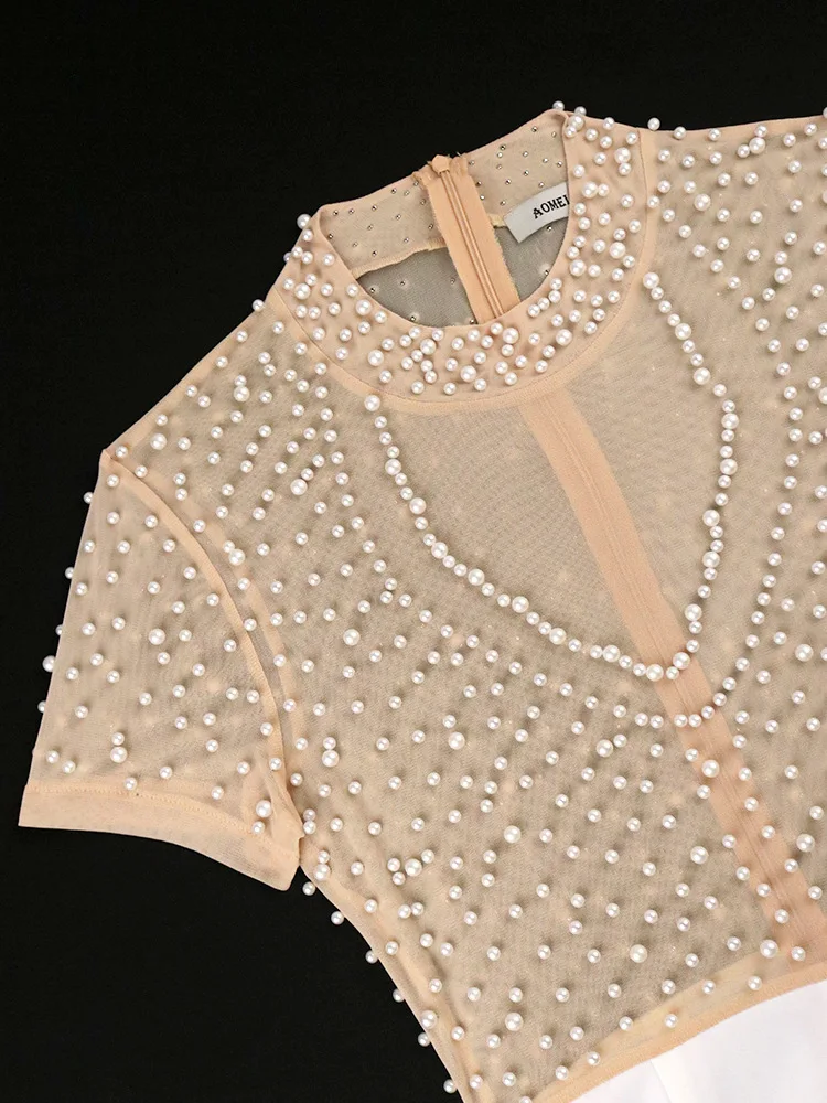 Plus Size Women Jumpsuit Mesh Pearl One Piece Outfits 2023 Summer Elegant Jumpsuit Female Designer Pants Luxury Fashion Cloth