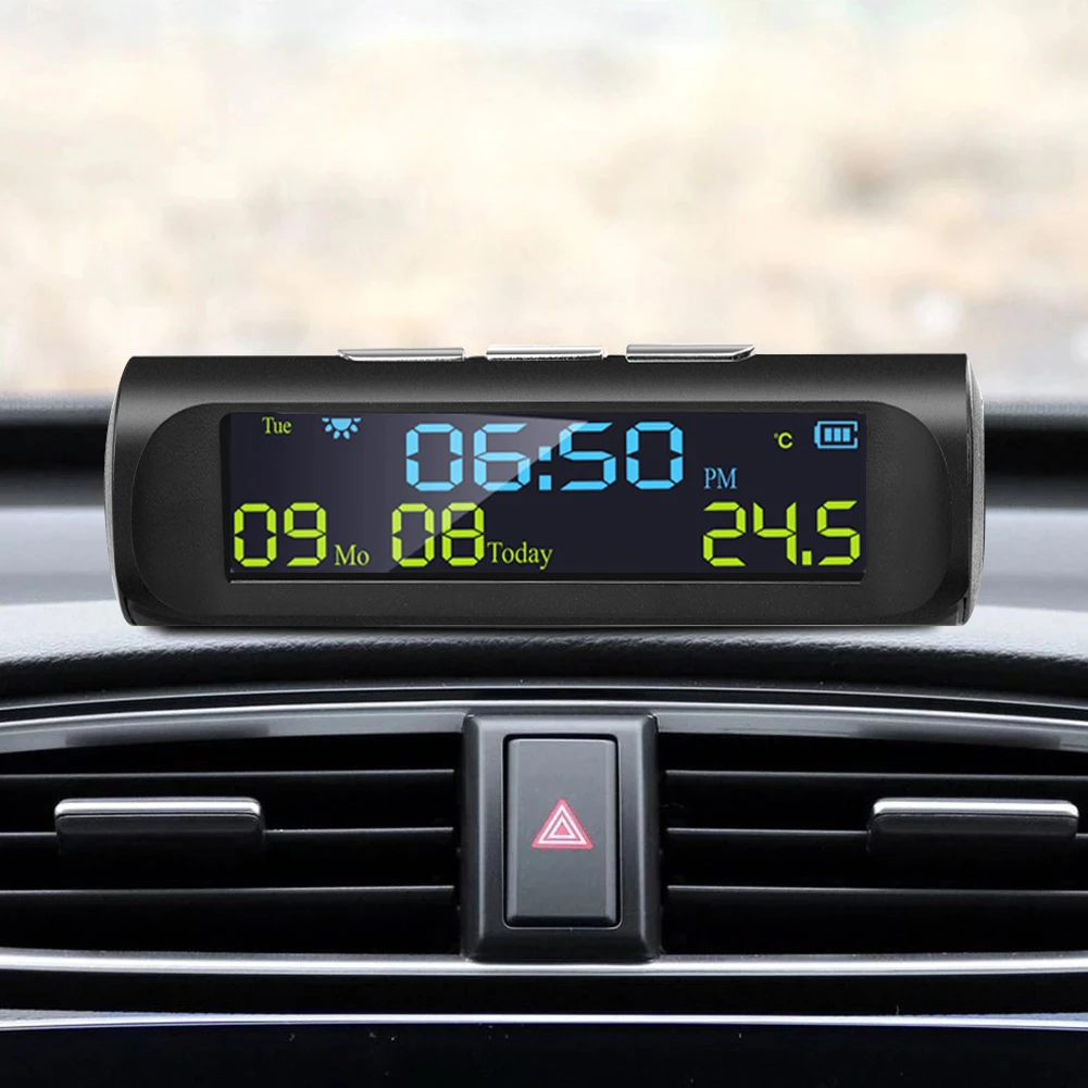 Car Clock Car Voltmeter Thermometer Car Clock Thermometer AN01 Solar LCD Car Digital Clock With Date Week Time Inner Temperature Display Voltage Meter Solor Charging