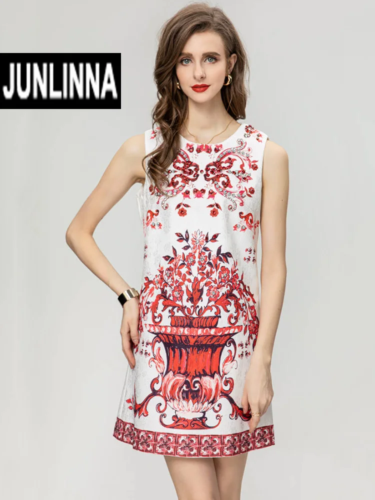 

JUNLINNA Fashion Jacquard Dress Summer Women O-Neck Tank Red Pocelain Printing Street Mini Vestidos Rhinestone Beading