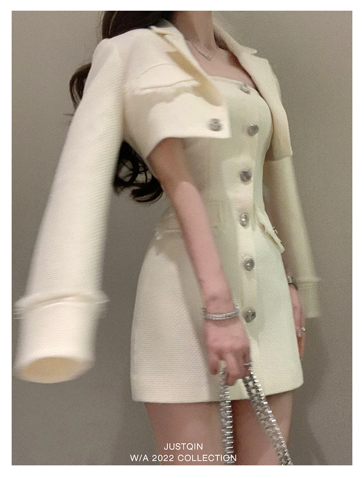 Elegant Autumn New Tweed Two-piece Set Women Long Sleeve Short Jacket Strapless Bodycon Mini Dress Korean Fashion Luxury Outfits