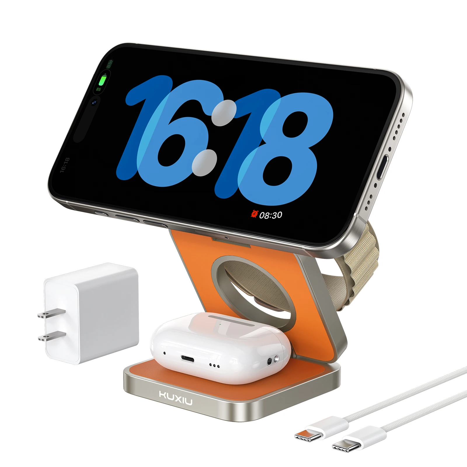 Kuxiu-折りたたみ式磁気ワイヤレス充電スタンド、iPhone 16、15