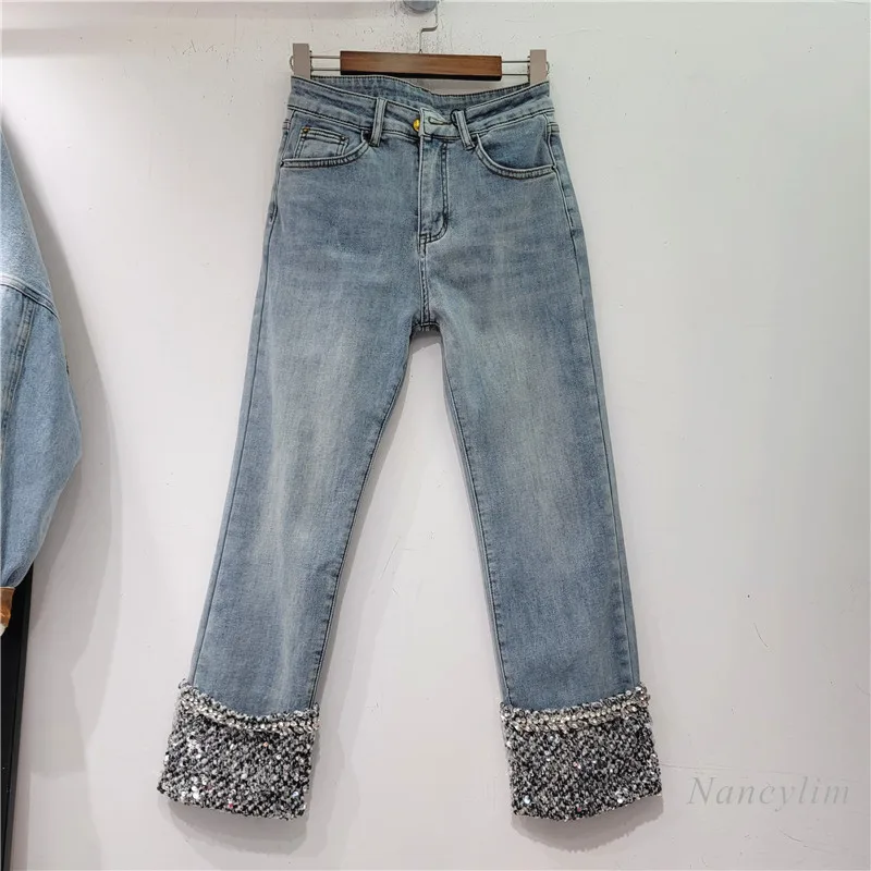 

European Fashion Blue Jeans Woman 2023 Autumn and Winter New High Waist Straight Stitching Sequin Curling Ankle-Length Pants