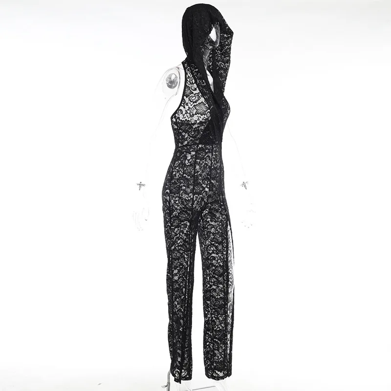 Women Sexy See Through Jumpsuits Deep V Neck Sleeveless Backless High Split Club Party Lace Hooded Rompers Hottie Slim Overalls