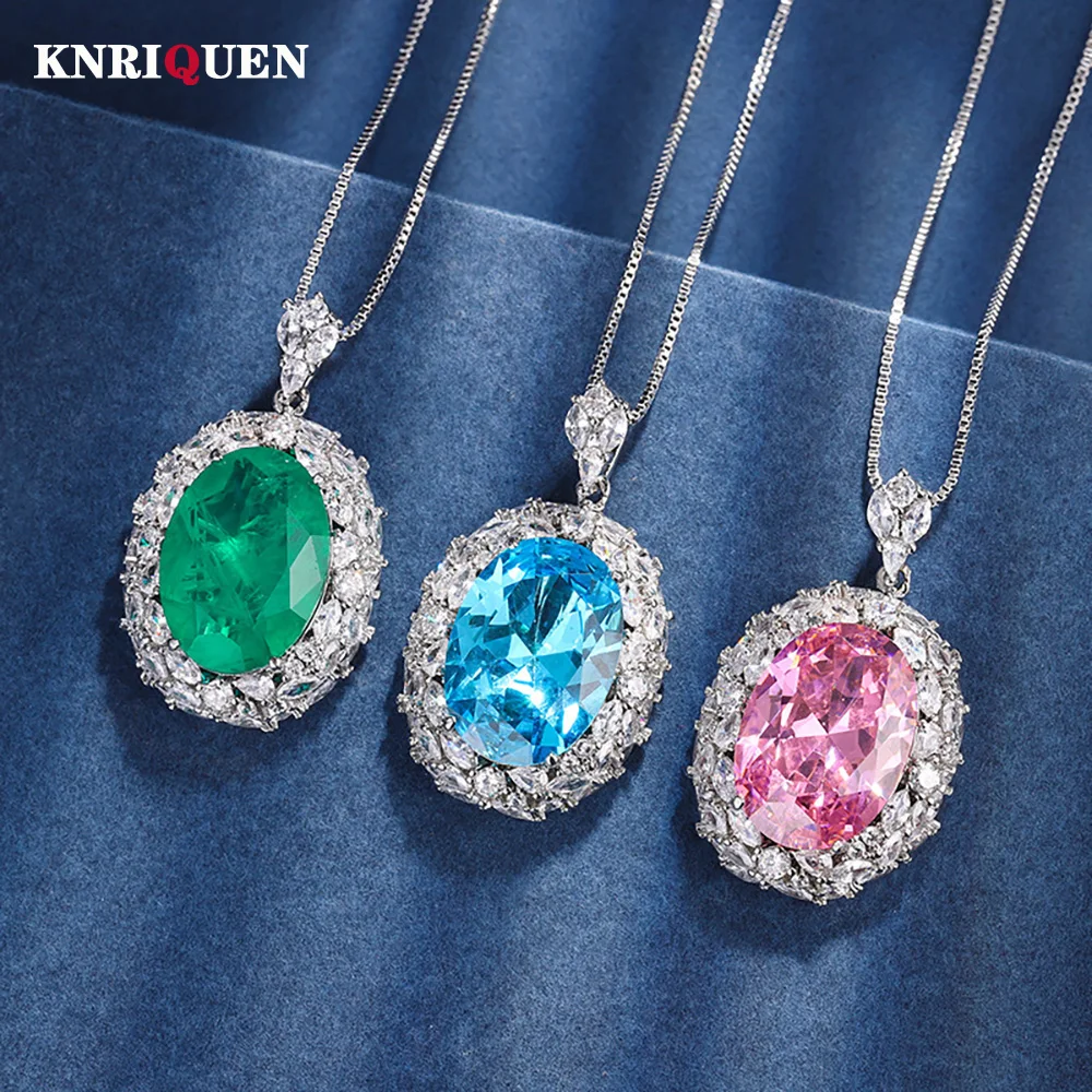 

Vintage 13*18mm Emerald Aquamarine Pink Quartz Pendant Necklaces for Women Lab Diamond Gemstone Cocktail Party Fine Jewelry Gift