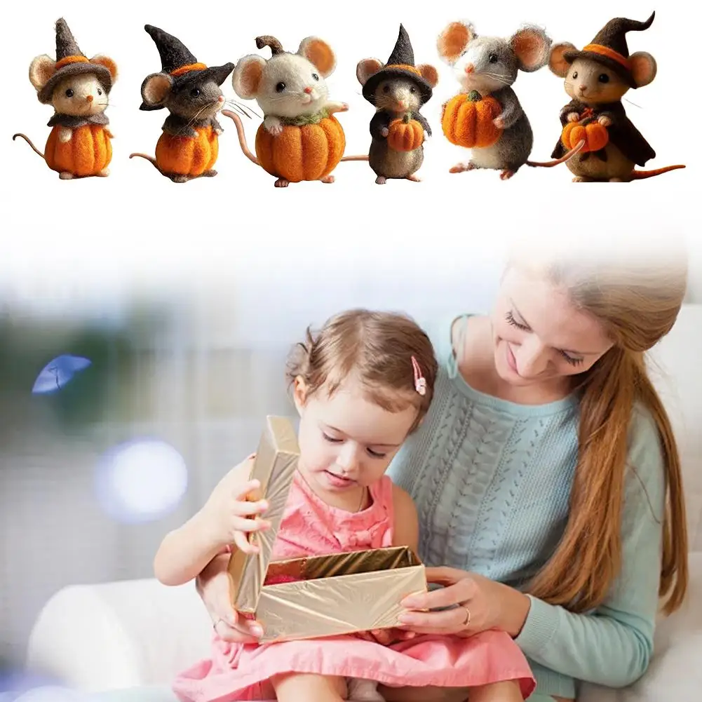 Maus mit Weihnachtsmütze, Halloween-Maus, handgefertigt mit Kürbis, Wollfilz, Mausfigur, Geschenke, niedliche Maus-Wollfilz-Figur – Detail 8