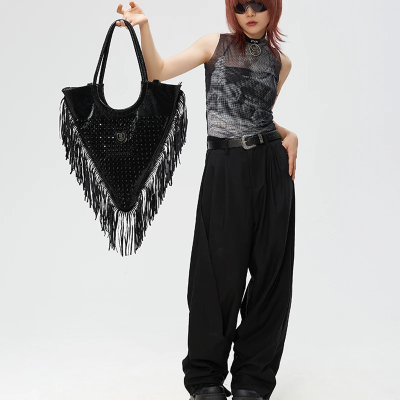 Dajingkj Studded Tassel Tote Bag For Women - Bohemian Crossbody Purse With Punk Vibe, Black