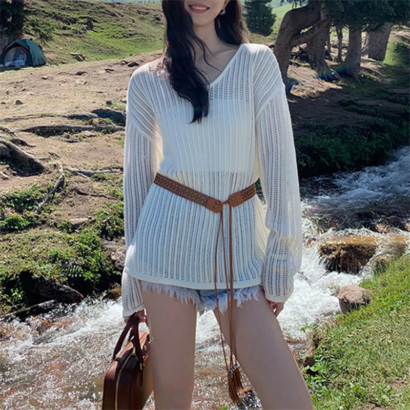 Women Black White Knitted Sweater Pullover