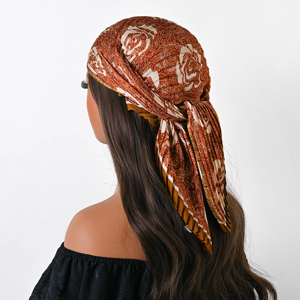 New Bohemian Style Floral Print Women’s Square Pleated Silk Scarf Satin Head Flower Design Sun protection Scarves Bandana Hijab