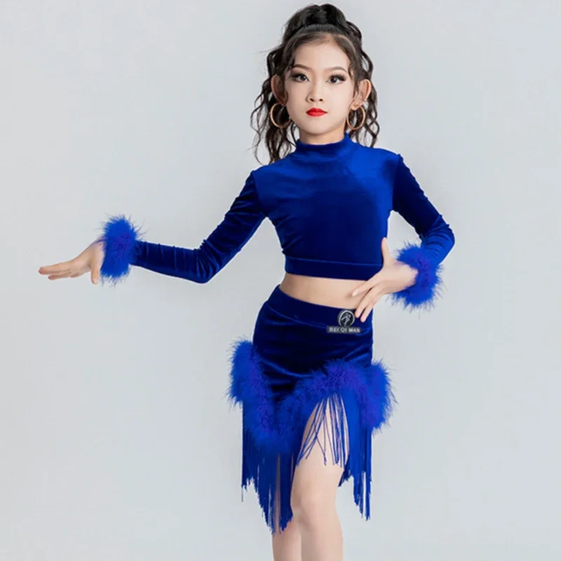 

Kids Professional Latin Dance Clothes Blue Velvet Top Fringed Skirts Girls Performance Latin Dance Costumes Stage Dresses SL9184