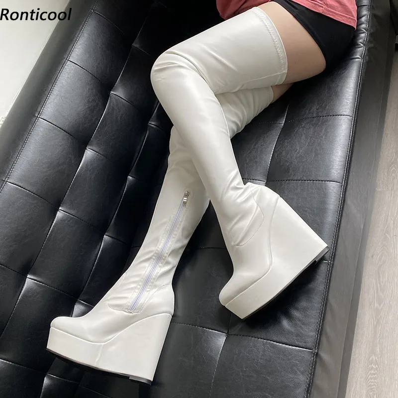 

Ronticool Women Spring Platform Thigh Boots Flexible Side Zipper Wedges Heels Round Toe Elegant Black Club Shoes US Size 5-20