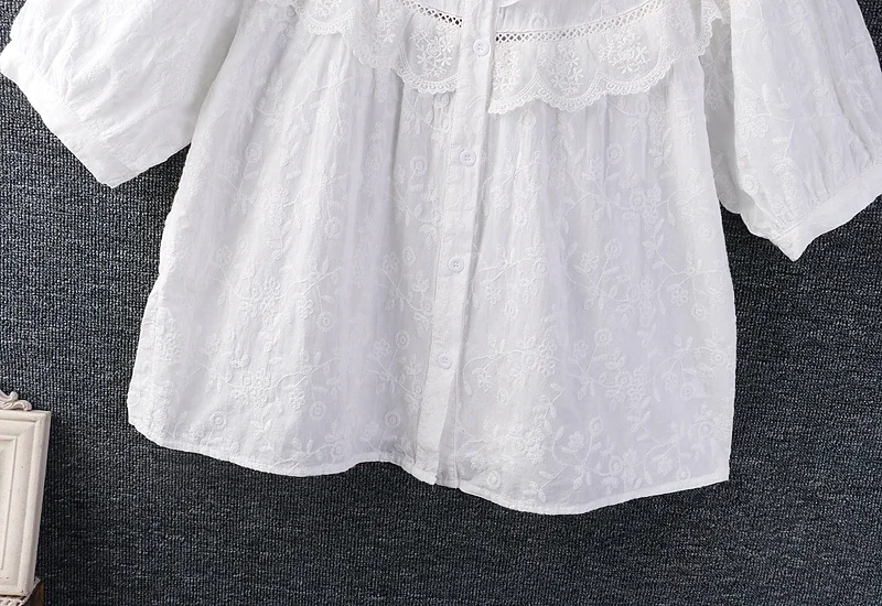Summer Japan Style Mori Girl Cute Lace Embroidery Shirt Women Short Sleeve O-neck Casual Loose Tops Blusa Feminina