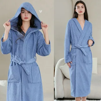 Women Cotton Towel Long Bathrobe Sleepwear Water Uptake Bath Robe Loose Female Dressing Gown Cozy Solid Hooded Hotel Spa Robe