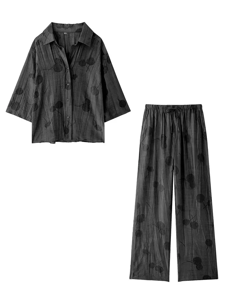 thumbnail image 1 of HH TRAF Traje de verano para mujer, camisa holgada con cuello vuelto y manga larga con botonadura sencilla y pantalón con lazo y cintura alta con cordones para mujer, 1 of 5