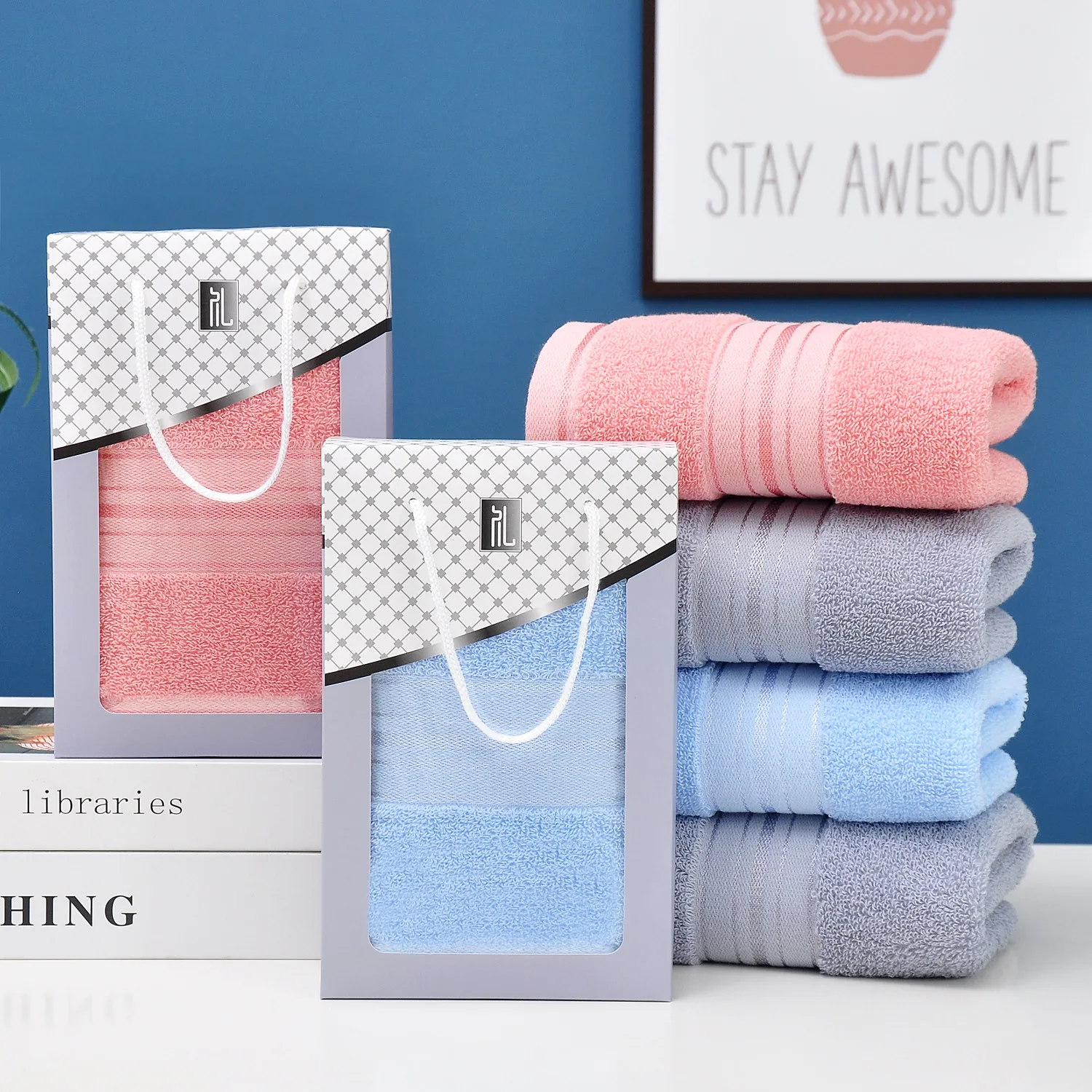 

100% Cotton High Quality Face Bath Towels White Blue Bathroom Soft Feel Highly Absorbent Shower Hotel Towel Multi-color