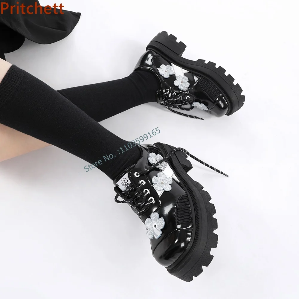 

Flower Platform Lace Up Pumps Round Toe Thick Soled Shallow Patchwork Punk Shoes Black White Gothic Style Concise Shoes