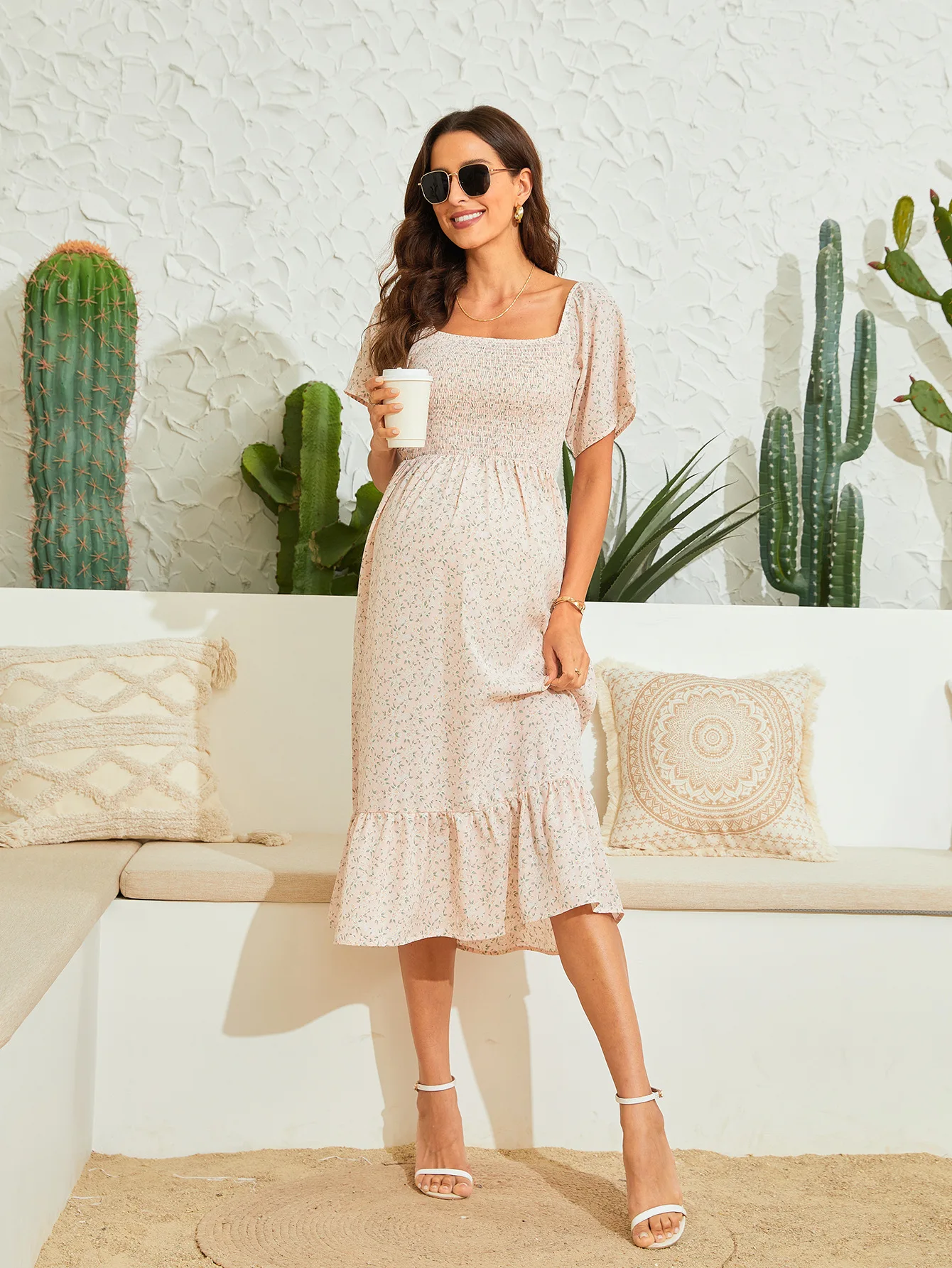 Sommer schwangere Frauen Chiffon-Kleid kleiner Blumendruck einteiliges kurzes Ärmel Mode langes Umstandskleid Fotografie-Kleidung – Detail 30