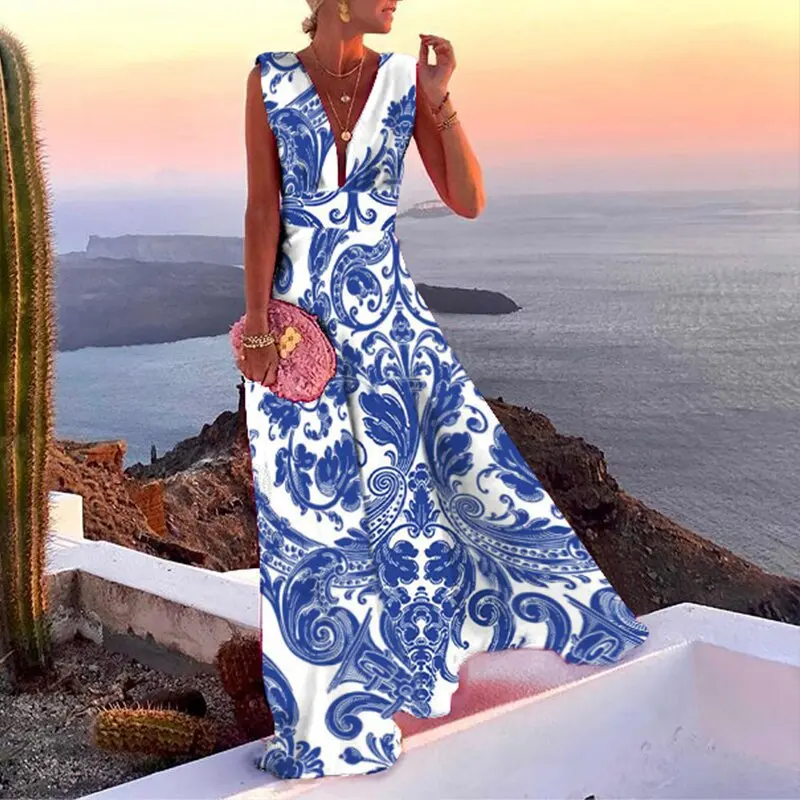 2022 Summer Retro Floral Printed Party Long Dress Women Elegant Sexy Deep V  Neck Sleeveless Dress Ladies Fashion Beach Dresses