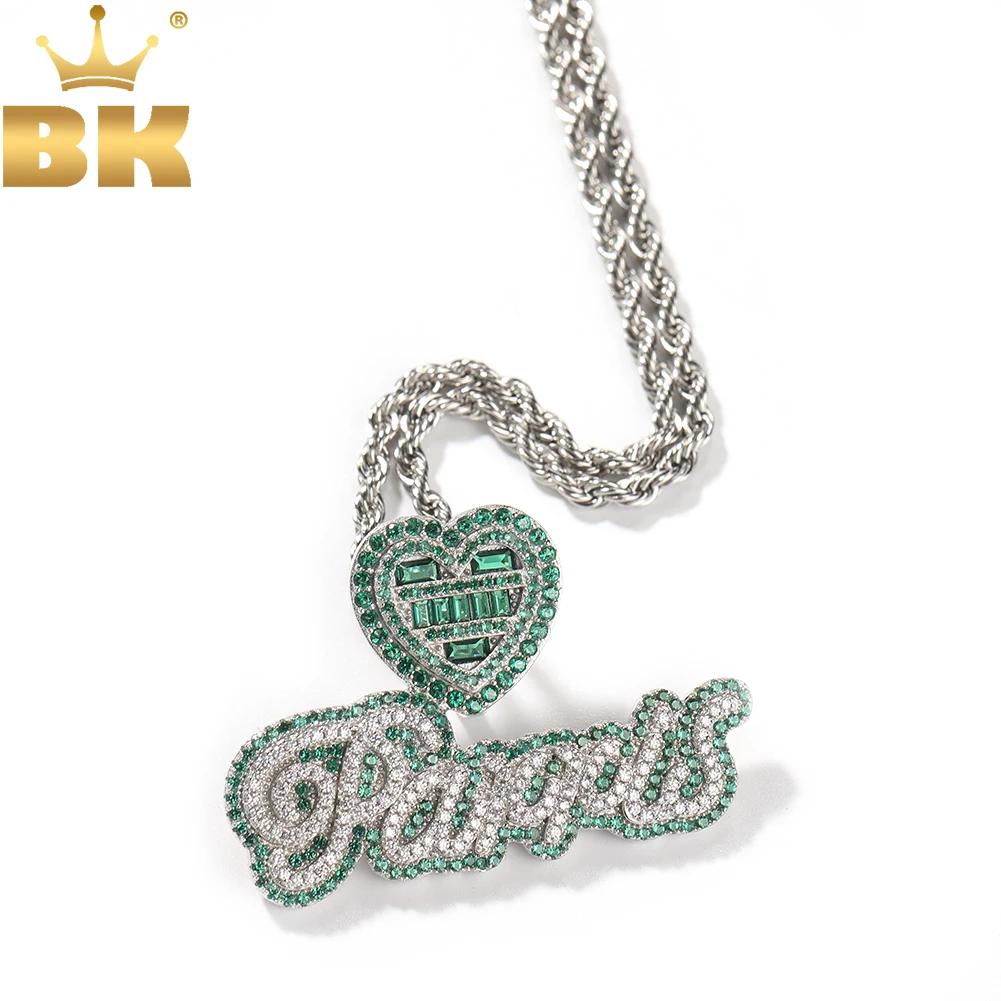 

TBTK Custom Name Necklace Bubble Letter Baguettecz Heart Clasp Iced Out Green White Cubic Zirconia Pendant Chain Hiphop Jewelry